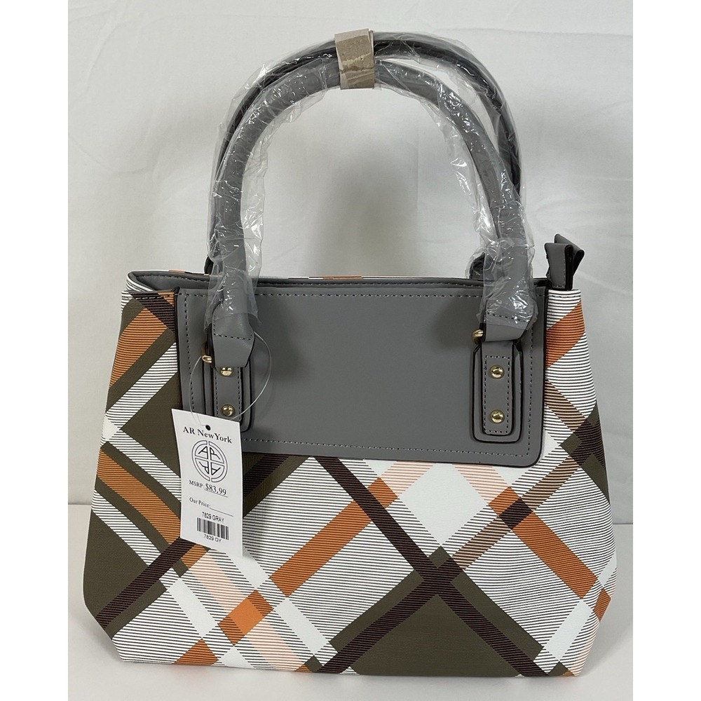 NWT AR New York Vegan Leather Plaid Satchel‎ Purse Gray / Orange